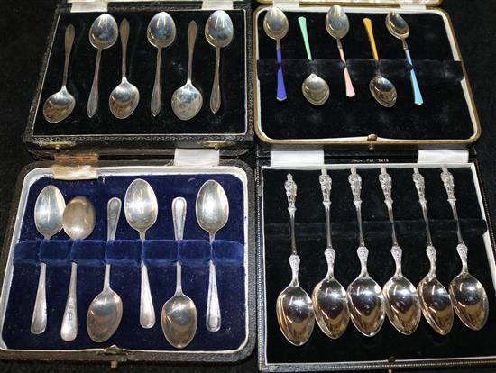Set 6 coffee spoons & 5 coloured enamelled coffee spoons & a set of 6 Apostle spoons, 3 cases (17)(-)